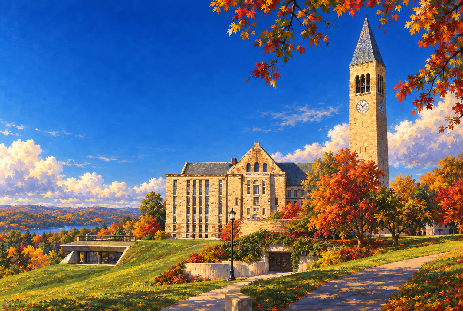 Painting of McGraw Tower and Uris Library on Cornell's campus in autumn, red and orange maples in the foreground and Cayuga Lake in the distance under a deep blue sky