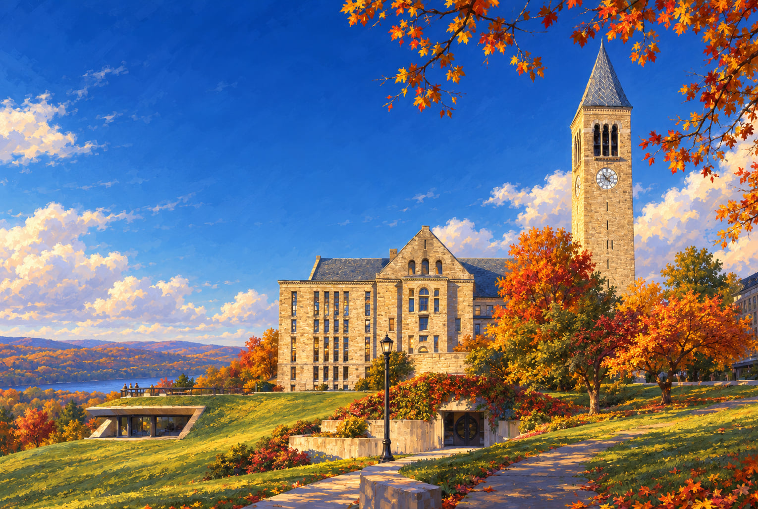 Painting of McGraw Tower and Uris Library on Cornell's campus in autumn, red and orange maples in the foreground and Cayuga Lake in the distance under a deep blue sky with white clouds